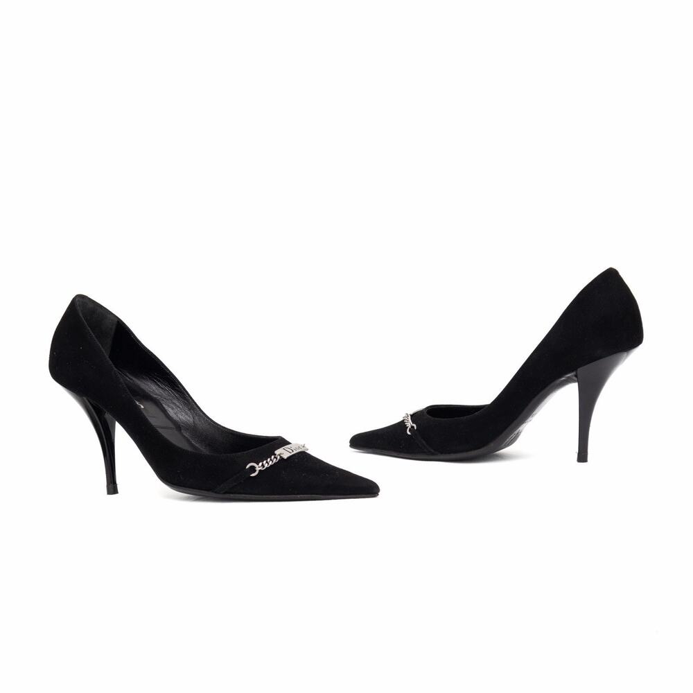 DIOR by John Galliano Y2K Black Suede Id Plate Logo Chain Pumps 37.5 US7.5